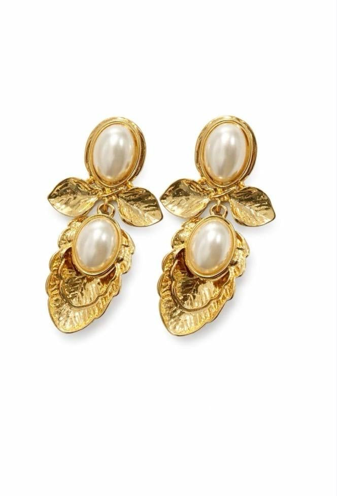 Ornate floral & leaf design drop earrings with pearl embellishments