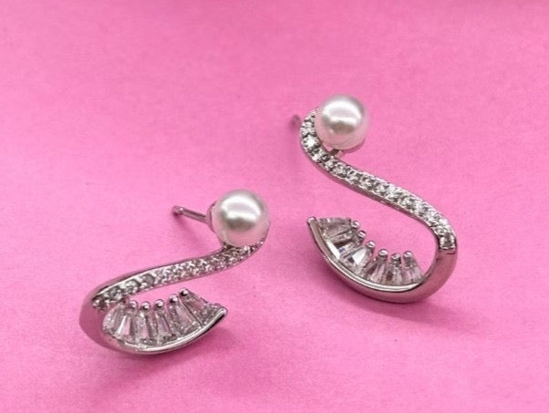 Curved Pearl & Pave Earrings