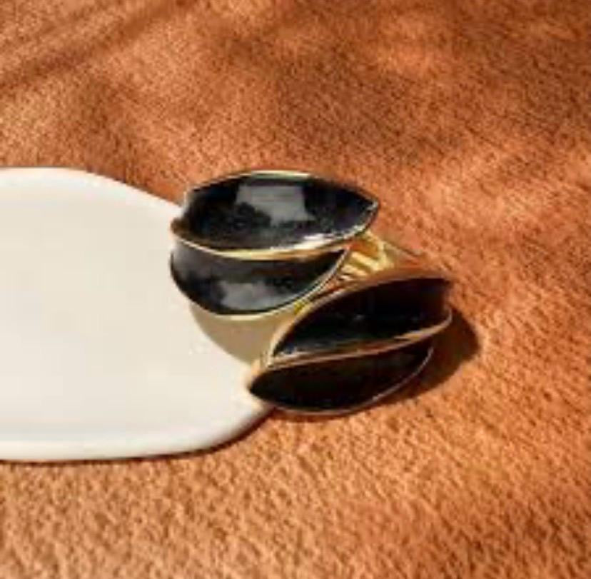 Black Enamel Leaf Abstract Ring