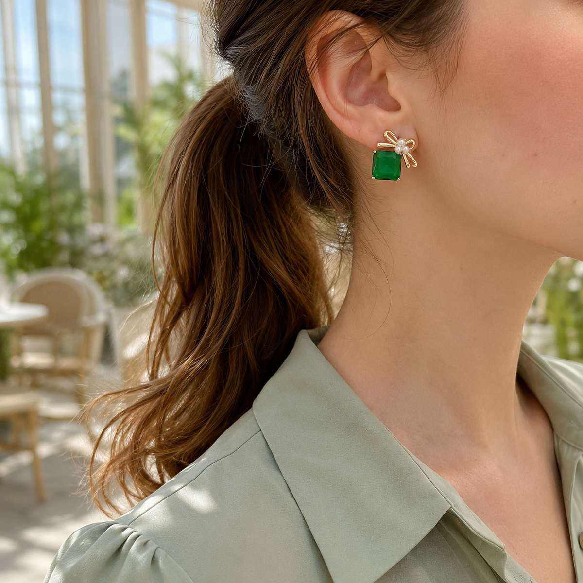 green bow earings