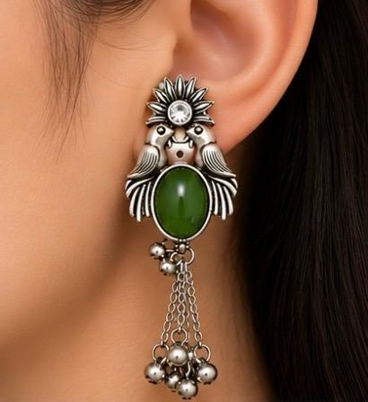 green stone silver oxidized earings