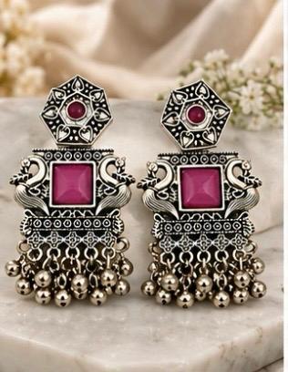 Oxidized Bird Tassel Earrings dark pink oval stone ball tassel